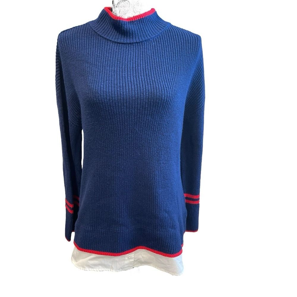 Talbots Navy Blue Sweater W/ Red Trim And Faux Undershirt Size Medium